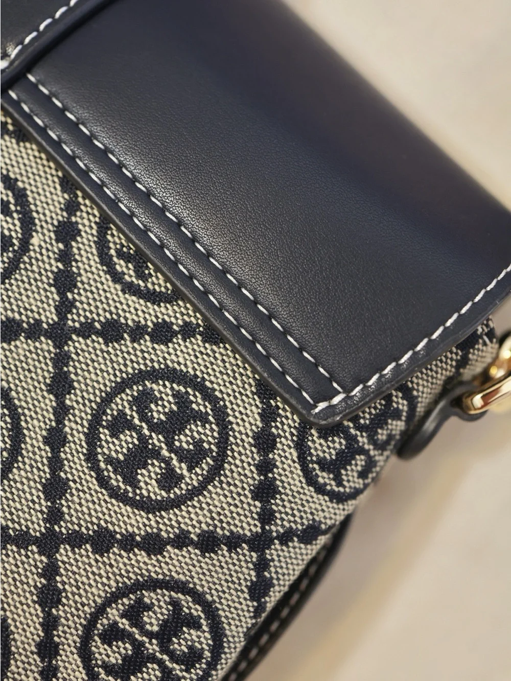Tory Burch Navy & Beige Crossbody Bag with Gold Buckle
